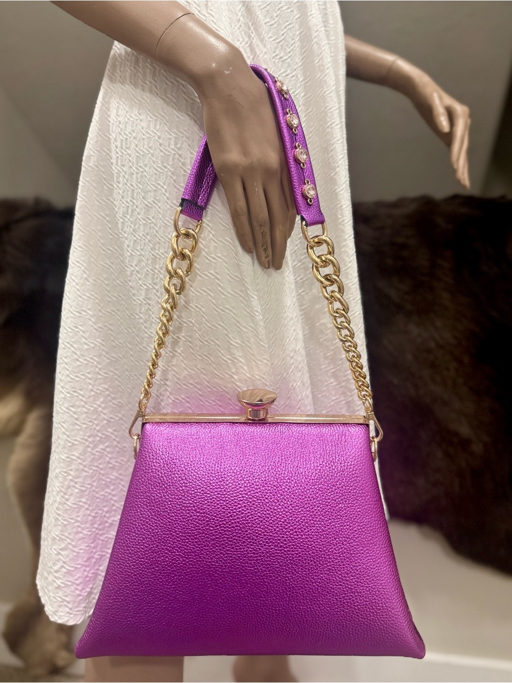Metallic Purple Pebble Cowhide Handmade Push Lock Boxy Bag, Multi Use Style Bag